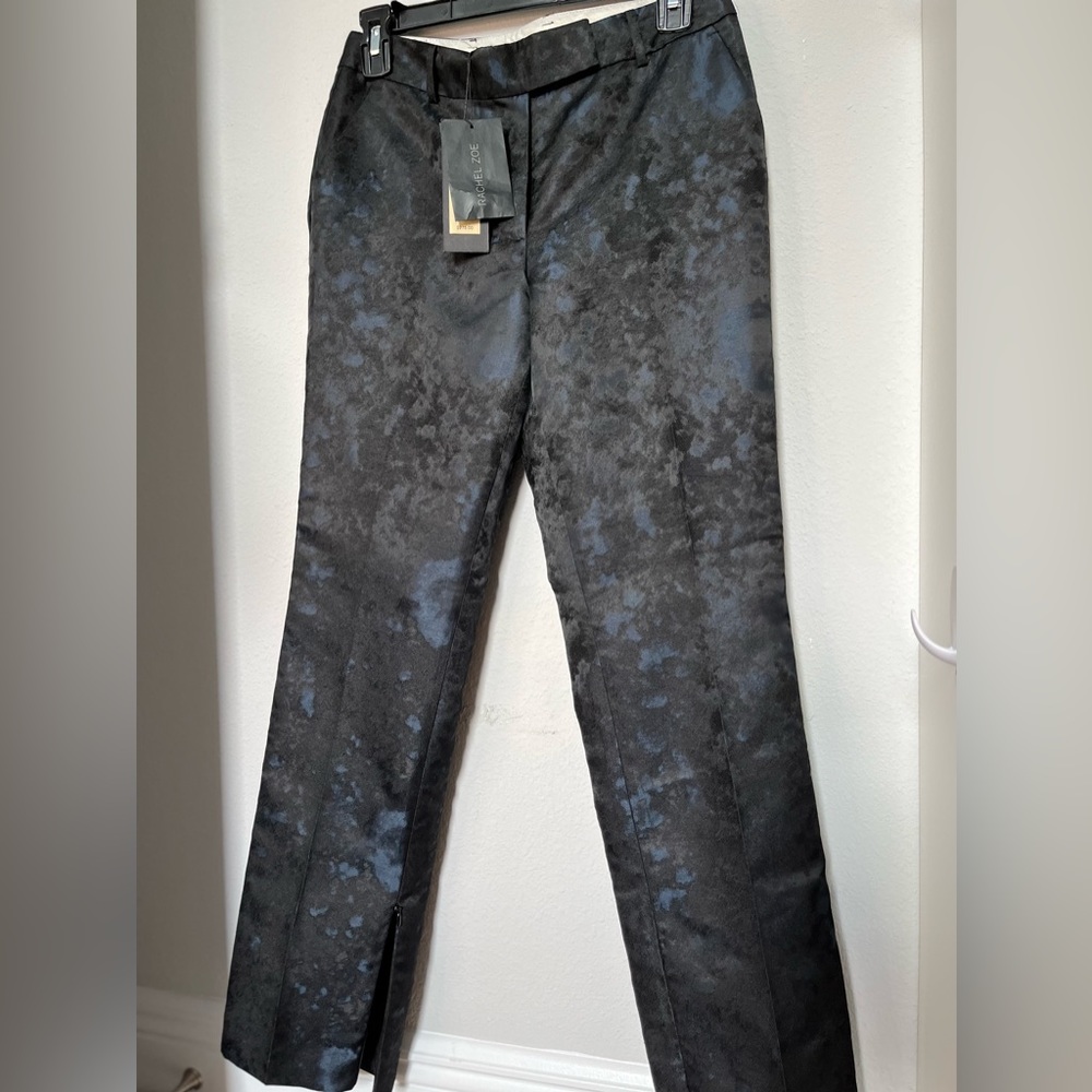 Rachel Zoe black and peacock blue brocaded dress pants with a zipper leg.